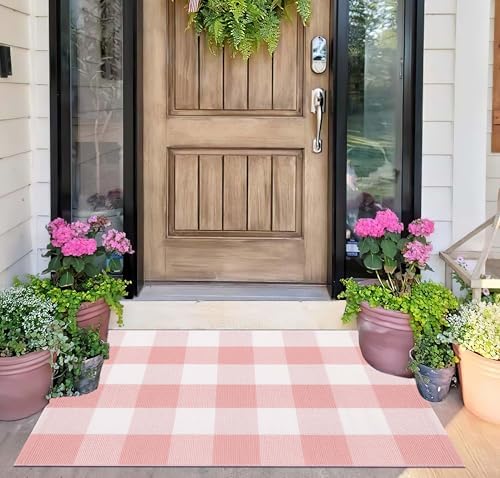 Pink White Buffalo Plaid Layered Doormat 24"x35" Cotton Washable Door Mat by BUAGETUP