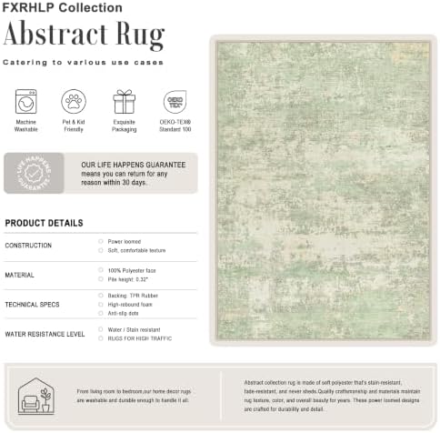 Area Rug Living Room: 4x6 Modern Washable Soft Carpet Green Cream - Image 2