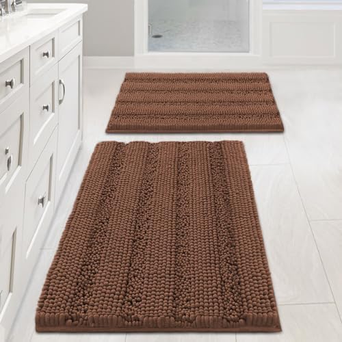 H.VERSAILTEX 2 Piece Bathroom Set Extra Thick Chenille Striped Pattern Bath Rugs for Bathroom Non Slip Soft Plush Shaggy Bath Mats for Floor(Caramel, 32 x 20 Plus 24 x 17 - Inches) by HVERSAILTEX
