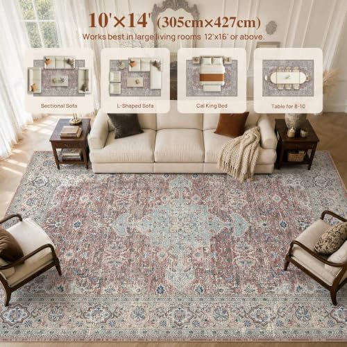 UERMEI 10x14 Area Rug for Living Room Washable Vintage Pink Brown Carpet - Image 7