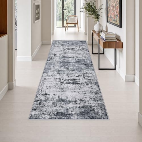 3x8 Washable Runner Rug：Modern Abstract Kitchen Soft Carpet Grey by FXRHLP