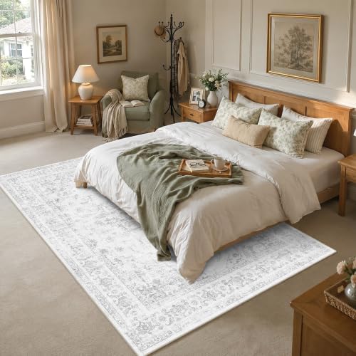 6x8 Washable Bedroom Area Rug Non-Slip Medallion Gray Throw Carpet - Image 3