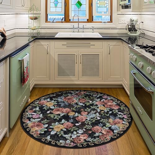 Washable 4ft Round Area Rug, Navy Boho Floral Non-Slip for Bedroom, Kitchen by GERUIMO