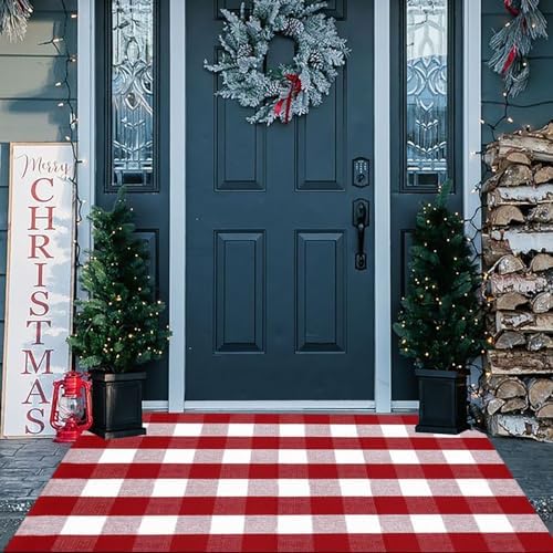 Christmas Door Mat Outdoor 35.4''x59'' Buffalo Plaid Christmas Decor Rug Cotton Hand-Woven Layered Door Mats Washable Carpet for Front Porch, Kitchen, Farmhouse, Entryway by CAINANEL