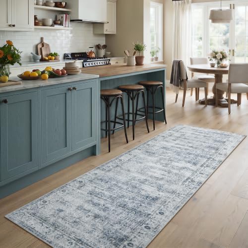 Morebes Vintage Hallway Runner Rug 2.5x8, Modern Kitchen Rugs Non Slip Washable, Soft Low-Profile Distressed Entryway Carpet Runner for Hallways Laundry Room Bathroom Foyer Indoor Floor, Blue-Gray - Image 3
