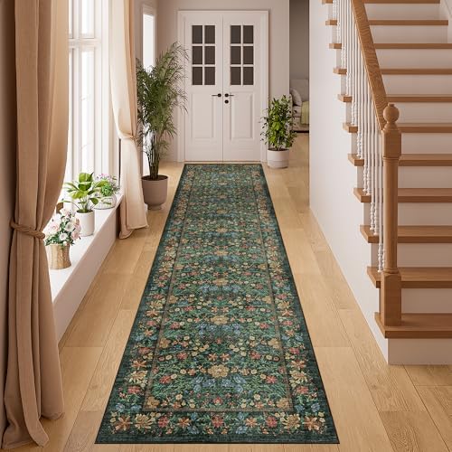 DUKINO 2x8 Runner Rug, Washable Vintage Floral Kitchen Rug, Green by DUKINO