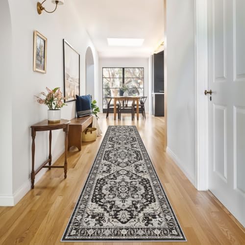 Washable 2'6x12 Hallway Runner Rug: Non-Slip Long Boho Kitchen Rugs Entryway Rug Runner Soft Low Pile Carpet Indoor Vintage Floor Mat for Bedroom Bathroom Laundry (Black/Beige/Grey,2'6''x12') - Image 2