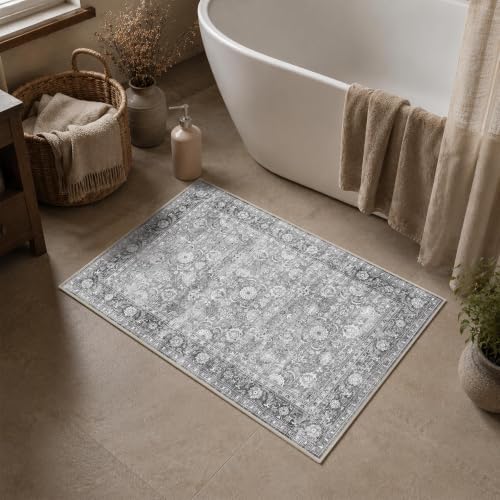 JOOJA 2x3 Grey Vintage Low Pile Non Slip Washable Boho Entryway Throw Rug - Image 2