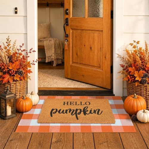 Fall Decor Door Mat Combo Set, 100% Coco Coir Welcome Mat + 28 x 43 Inches Orange and White Plaid Rug - Fall Thanksgiving Front Porch Entryway Floor Doormat, Indoor Outdoors Autumn Mats Hello Pumpkin by Homydecor