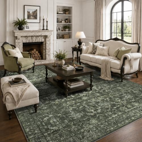 7x10 Washable Living Room Area Rug Soft Retro Dark Green Large Carpet by HOME