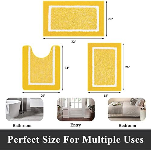 Pauwer 3 Piece Bathroom Rug Set, Non Slip Washable Bath Mat, Yellow - Image 3
