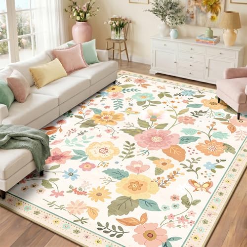 RELEANY Floral Washable 8x10 Area Rugs Beige/White/Orange by RELEANY