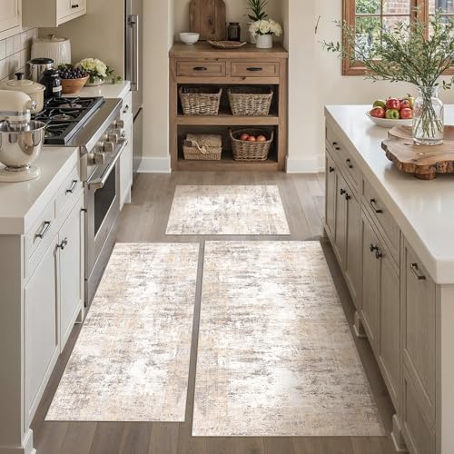 Washable Beige Grey Neutral Kitchen Runner Rug Set of 3 by WondRg