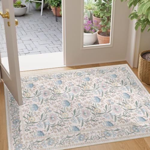 DUKINO 2x3 Rug, Washable Vintage Floral Bathroom Rugs Non Slip, Cream Blue by DUKINO