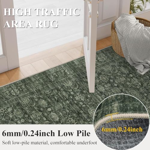 JOOJA 6x6 Dark Green Vintage Low Pile Washable Boho Round Living Room Rug - Image 5