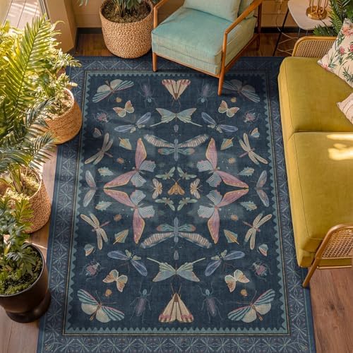 5x7 Navy Blue Boho Rugs for Living Room, Stain Resistant Non Slip Area Rug for Dining Room, Whimsical Bedroom Insect Carpet, Dark Vintage Décor Indoor, Low Pile & Soft - Image 3