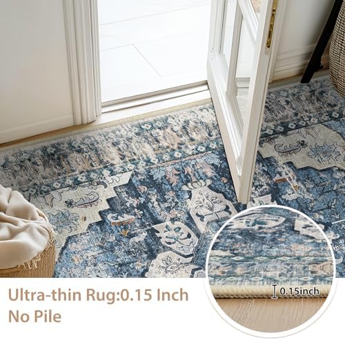 BESTSWEETIE Washable Boho 5x7 Area Rug, No Pile for Living Room, Blue Navy - Image 4