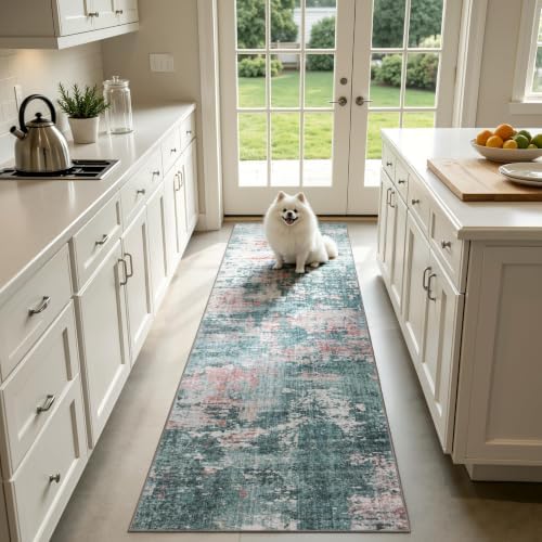 Sasttie 2x10 Runner Rug, Modern Abstract Hallway Carpet, Pink & Green by SASTTIE