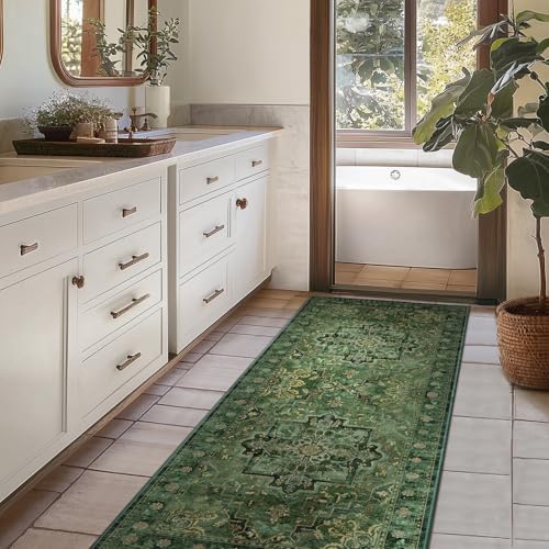 Green Boho 2x5 Runner Rugs for Hallways Non Slip Machine Washable, Low Pile Lightweight Carpet Runner for Entryway/Kitchen/Bathroom/Corridor/Laundry Room Distressed Vintage Medallion Printed - Image 4