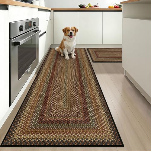 HEBE Faux Jute Kitchen Rugs Set of 2, Washable Kitchen Mats for Floor by HEBE