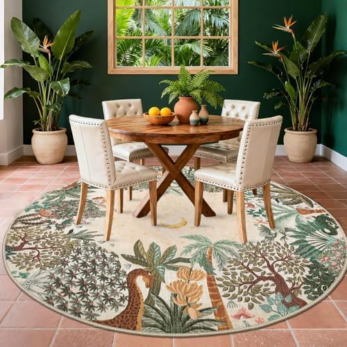 GarveeHome Round Area Rugs 8ft for Living Room, Large Beige Jungle Washable Circle Rug Soft Non Slip Forest Animal Print Floor Mat Tiger Carpet Indoor Thin Rug for Bedroom Dining Room Playroom Nursery - Image 2