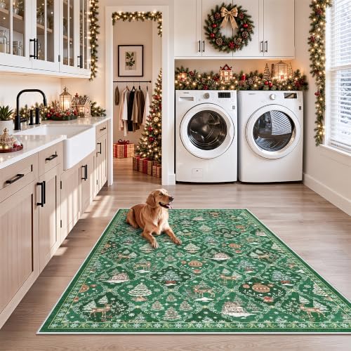 3x5 Christmas Non-Slip Area Rug, Green Washable Vintage Entryway Rug - Image 5