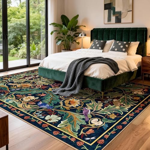 nesrt Jungle Living Room Area Rug 6x9,Boho Washable Floral Large Bedroom Rugs Non Slip, Soft Faux Wool Botanical Woodland Birds Carpet for Kids Playroom Dining Room Dorm Nursery Office (Dark Green) - Image 3