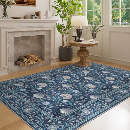 DUKINO 4x6 Area Rug, Washable Vintage Floral Rug for Living Room, Dark Blue - Image 5