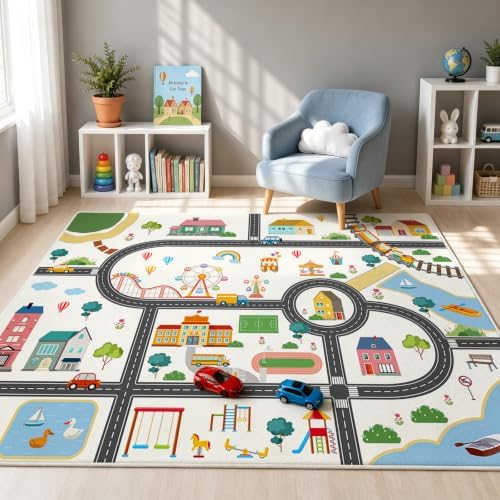 Car Rug Play Mat for Kids, Non Slip Train Track Car Rug Town City Road Map Playmat for Children, Washable Carpet for Boy Playroom Bedroom - 3x5 Ft - Image 6