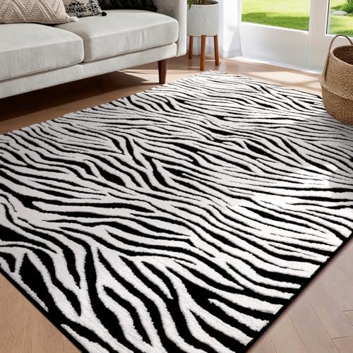 YIHOUSE 5×7 Ft Area Rugs, Black and White Modern Abstract Rug, Washable Plush Soft Zebra Print Carpet, Non-Slip Non-Shedding Rug for Living Room, Bedroom, Playroom, Home Office Decor by YIHOUSE