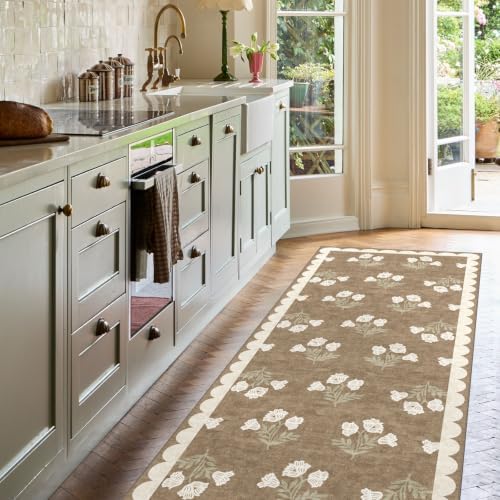 Non Slip Washable Hallway Runner Rug - 2.6x12 Extra Long Tan Kitchen Runner Rug Soft Boho Runners for Hallways Vintage Floral Scalloped Area Rug for Bedroom Entryway Foyer Stair Runner Decor - Image 6