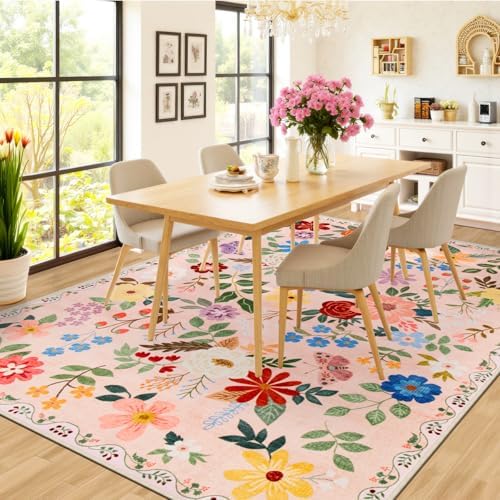 PLHXFR 6x9 Area Rug Living Room: Floral Washable Boho Soft Carpet Beige - Image 4
