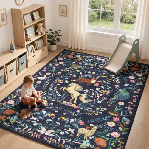 jinchan 8x10 Kids Rug Washable Playroom Rug Whimsical Unicorn, Navy Blue by JINCHAN