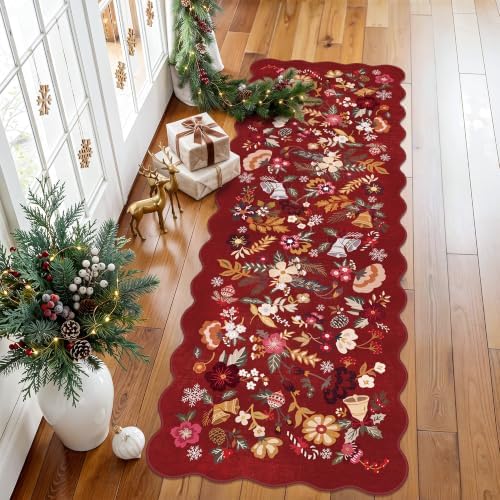 Christmas Red 2x6 Runner Rug: Washable Floral Scalloped Soft Kitchen Rugs by BYYVOORugsforYourHome