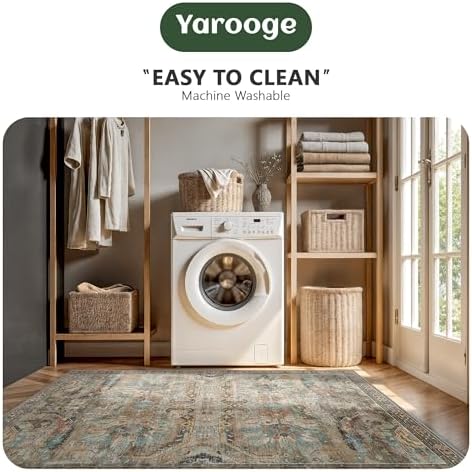5x7 Area Rugs, Vintage Retro Soft Washable Rug, Non-Slip Low Pile Rugs for Living Room, Bedroom, Dining Room, Stain Resistant Home Decor Rug (Vintage Olive Green) - Image 5