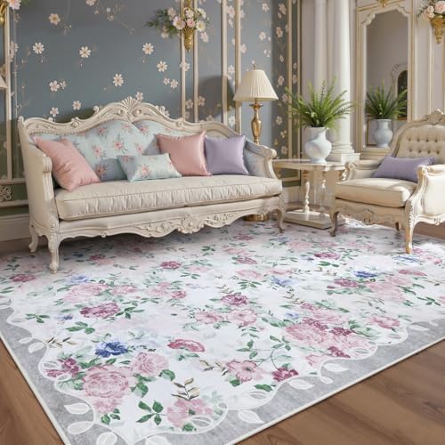 Lahome Purple and Grey Vintage Floral 8x10 Rug for Living Room, Boho - Image 2