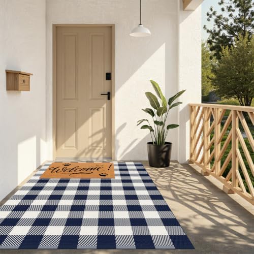Outdoor Rugs, Blue and White Area Rug Checkered 4’x 6’ by Unknown