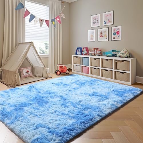 Area Rugs for Boys Bedroom Living Room, Fluffy 4x6 Tie-Dye Blue Bedside Rug - Image 5