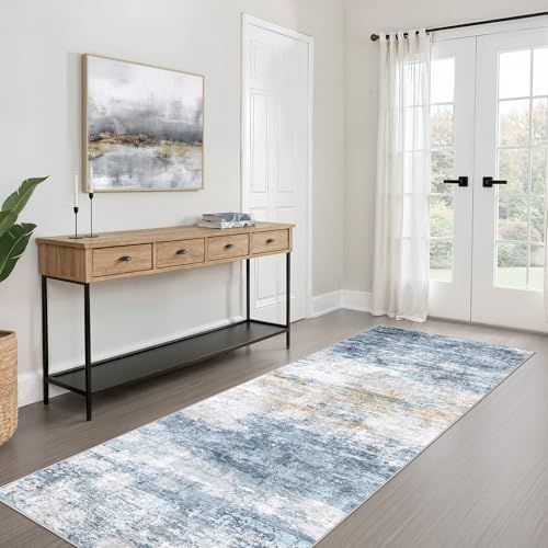 LOONGRUG Runner Rug 3x8 Washable Non-Slip Kitchen Neutral Rug Blue Gold - Image 3