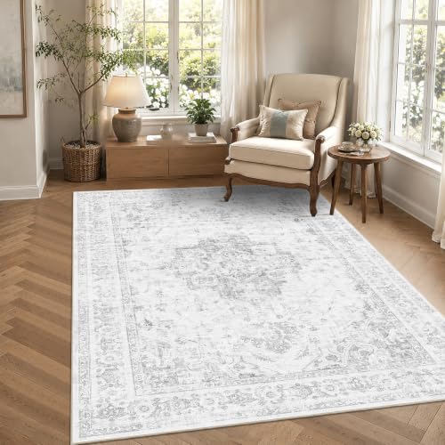 4x6 Washable Bedroom Area Rug Non-Slip Medallion Gray Throw Carpet - Image 3