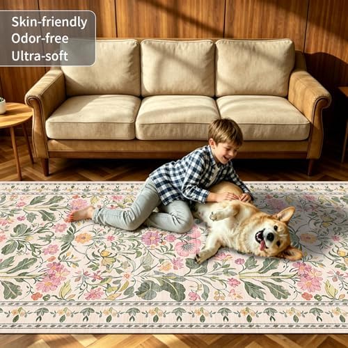 2x6 Soft Washable Runner Rugs: Velvet Feel & 5-10 Degrees Warmer Underfoot - Cottagecore Floral Hallway Carpet for Bedroom Kitchen Entryway - Family & Pet Friendly (Blush Pink) - Image 3