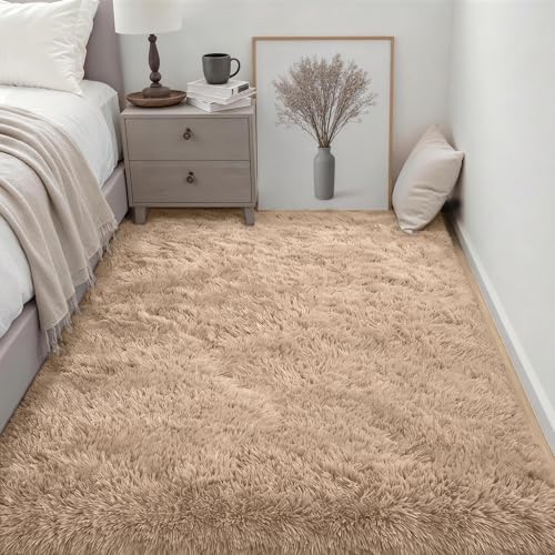 Area Rug Living Room Bedroom: 6x9 Fluffy Plush Shag Carpet Beige - Image 3