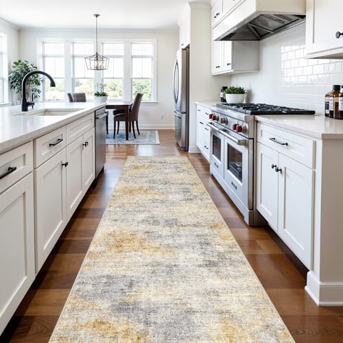 3x10 Runner Rug Washable Abstract: Non Slip Hallway Floor Mat Grey/Yellow - Image 2