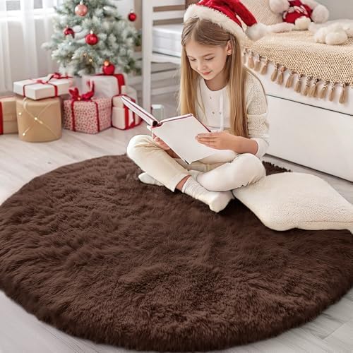 OLANLY Coffee Round Rugs for Bedroom - Machine Washable, 4 ft Circle Area Rugs for Living Room, Soft and Fluffy Shaggy Carpet for Teen Girls and Boys, Nursery Rooms, Dorms, Home Decor Aesthetic by OLANLY