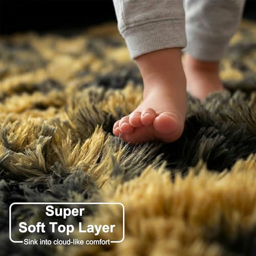 Amdrebio Black Gold Grey Fluffy Area Rug 5x7 for Bedroom Living Room Dorm - Image 2