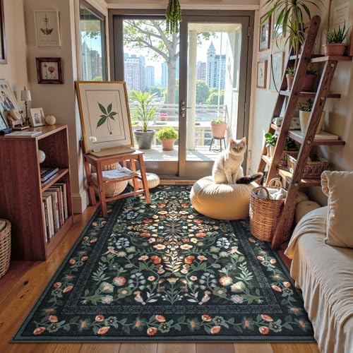 Lahome Black Floral Washable Area Rug 5x7, Vintage Boho Carpet - Image 2