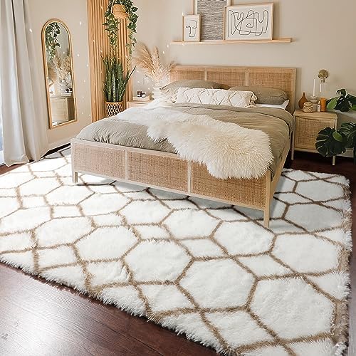 Area Rugs for Living Room, 7x10 Fluffy White and Beige Modern Bedroom Rug - Image 6