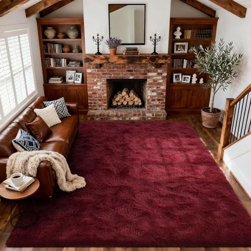 Area Rugs for Living Room, 6x9 Feet Soft Fluffy Shagg Plush Rug High Pile Large Indoor Modern Non-Slip Floor Carpet for Bedroom Nursery Girls Kids Home Room Dorm Decor Aesthetic Burgundy by Cuzwlovita