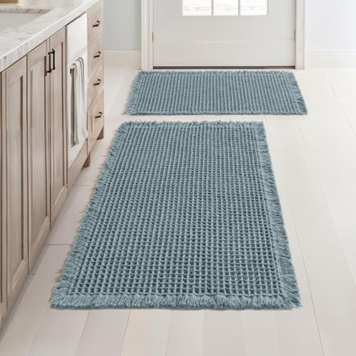 MIULEE Set of 2 Waffle Bathroom Rugs Dusty Blue Bath Mat 17"x24"+18"x30" by MIULEE