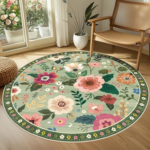 RELEANY Floral Washable Round 6ft Area Rug LightGreen - Image 2